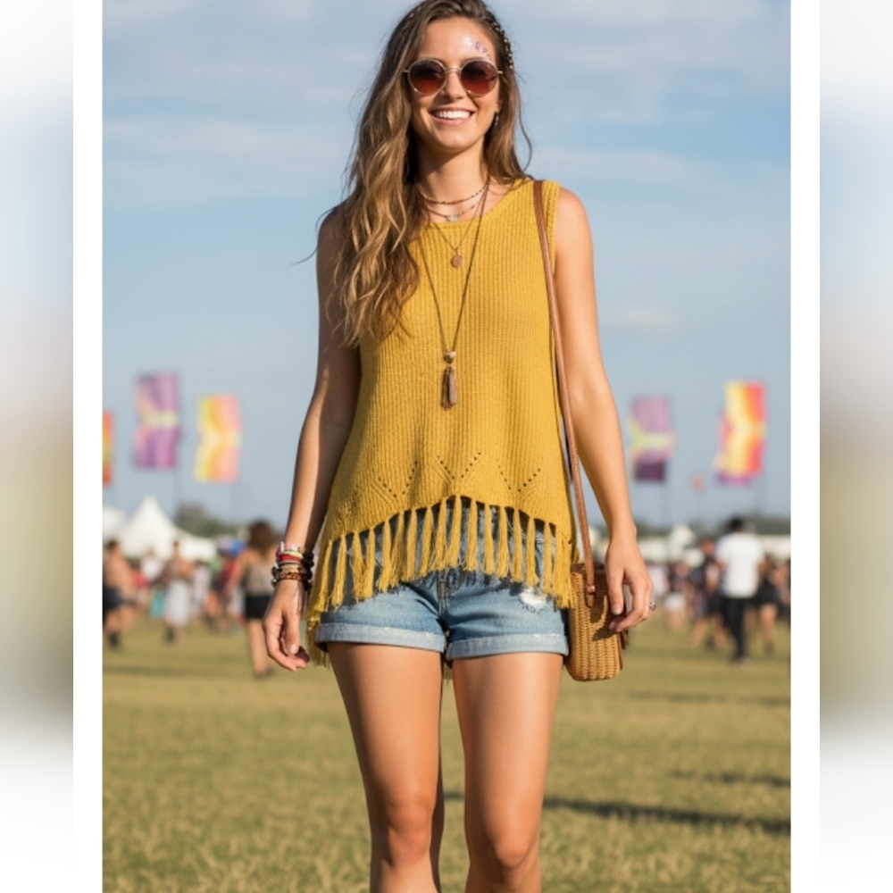 Anthropologie Pepin Knit Tank with Fringe Mustard Yellow Size Medium